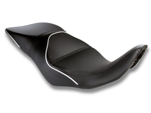 Sargent Cycle Products' REVolution OEM Motorcycle Seat Upgrade for the Suzuki V-Strom 800 2023+ shown with CFX, silver welt, low version.